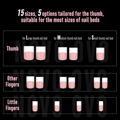 NOVO OVO Old School White French Tip Nail Tips – Baby Pink, 240 pcs, 15 Sizes