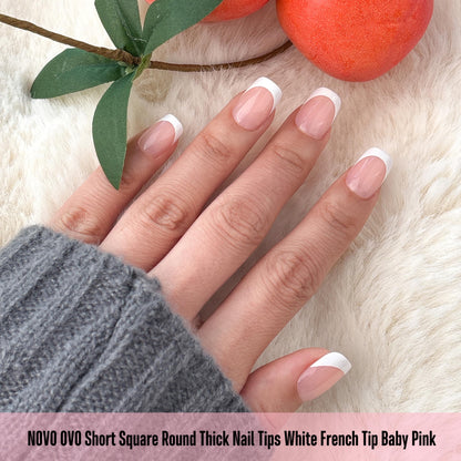 NOVO OVO Short Square Round White French Tip Nail Tips Baby Pink – Extra Thick Full Cover, 240 pcs, 15 Sizes