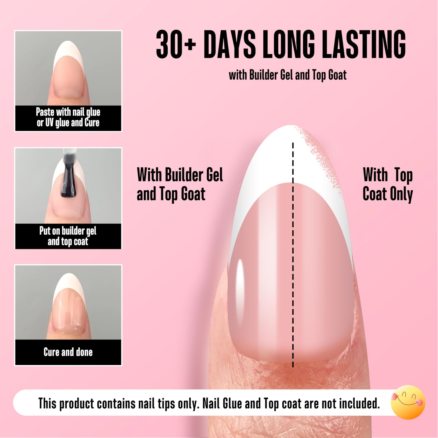 NOVO OVO White French Tip Almond Nails – Baby Pink Press On Tips, Extra Thick Soft Gel, 240 pcs, 15 Sizes