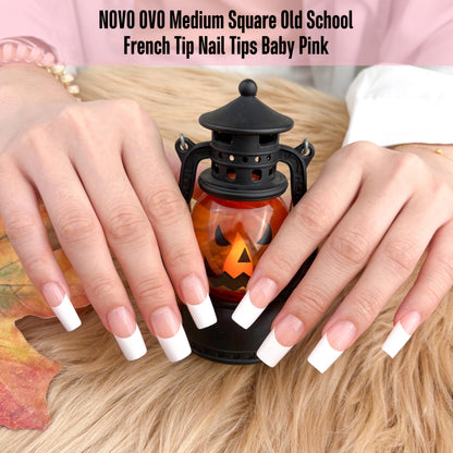 NOVO OVO Old School Wide White French Tip Nails – Press On, Baby Pink, 240 pcs, 15 Sizes