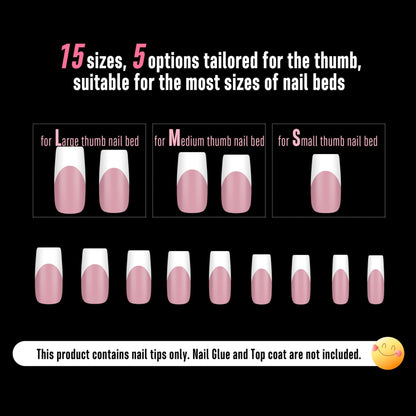 NOVO OVO White French Tip Nails – Berry Pink, Extra Thick Soft Gel, 240 pcs (15 Sizes)