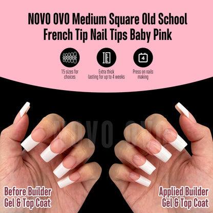 NOVO OVO Old School Wide White French Tip Nails – Press On, Baby Pink, 240 pcs, 15 Sizes