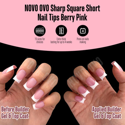 NOVO OVO Short Sharp Square White French Tip Nail Tips Berry Pink – 240 pcs, 15 Sizes
