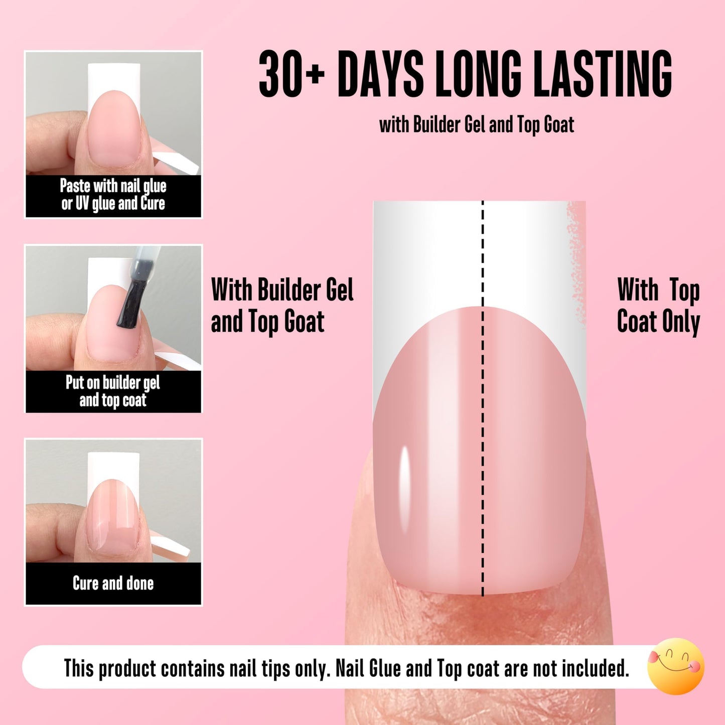 NOVO OVO Medium Sharp Square White French Tip Nail Tips – Baby Pink, Extra Thick Builder Gel & Top Coat, 180 pc