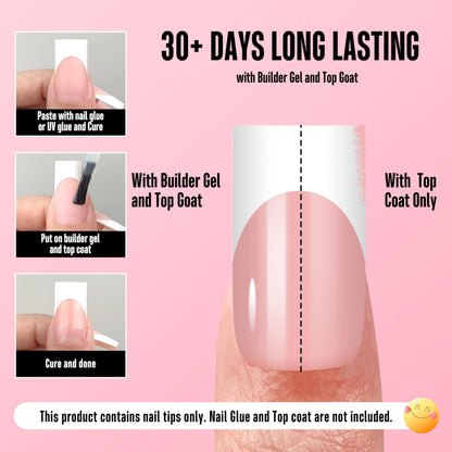 NOVO OVO Medium Sharp Square White French Tip Nail Tips – Baby Pink, Extra Thick Builder Gel & Top Coat, 180 pc