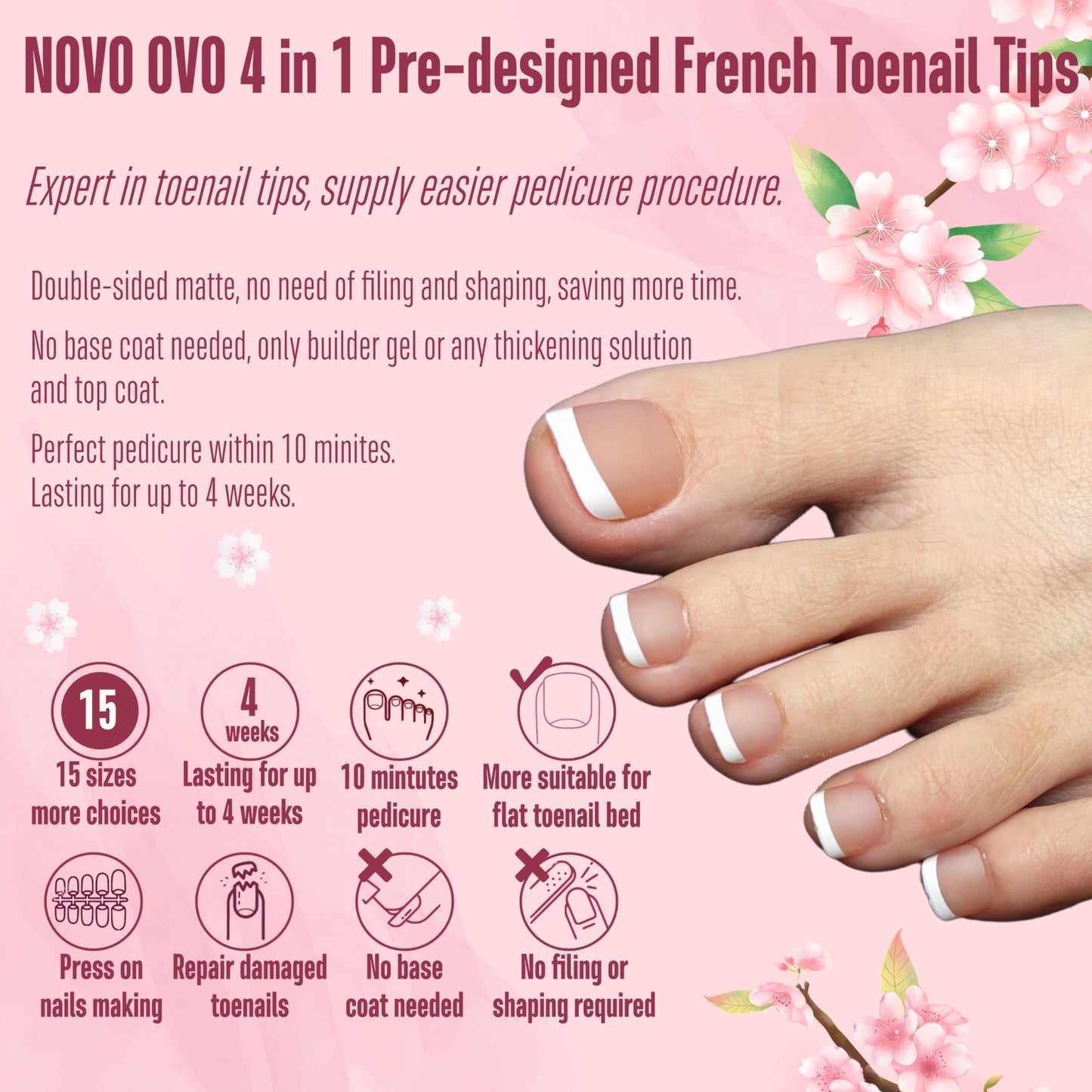 NOVO OVO Fake Toe Nail Tips – French Tip Soft Gel Pedicure Kit, 360Pcs, 15 Sizes, Matte Full Cover