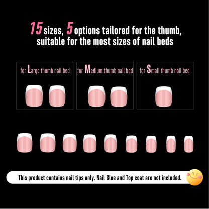 NOVO OVO Short Square Round White French Tip Nail Tips Baby Pink – Extra Thick Full Cover, 240 pcs, 15 Sizes