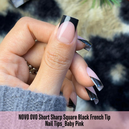 NOVO OVO Black French Tip Nails – Short Sharp Square, Baby Pink, 240 pcs, 15 Sizes