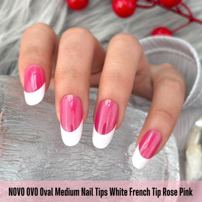 NOVO OVO White French Tip Oval Nail Tips – Rose Pink, Extra Thick Soft Gel, 15 Sizes, 240 pcs (No Glue Included)
