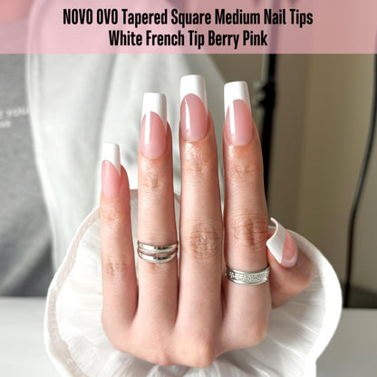 NOVO OVO White French Tip Nails – Berry Pink, Extra Thick Soft Gel, 240 pcs (15 Sizes)