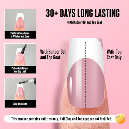 NOVO OVO White French Tip Nails – Berry Pink, Extra Thick Soft Gel, 240 pcs (15 Sizes)