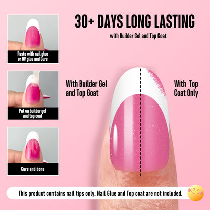 NOVO OVO White French Tip Oval Nail Tips – Rose Pink, Extra Thick Soft Gel, 15 Sizes, 240 pcs (No Glue Included)