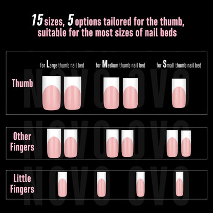NOVO OVO Medium Sharp Square White French Tip Nail Tips – Baby Pink, Extra Thick Builder Gel & Top Coat, 180 pc