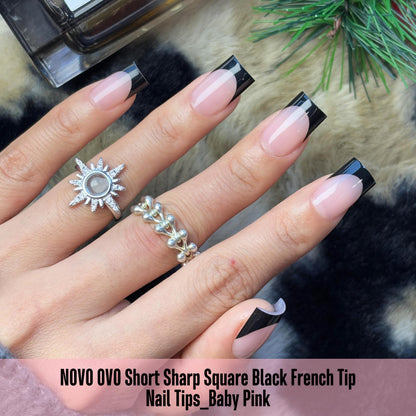 NOVO OVO Black French Tip Nails – Short Sharp Square, Baby Pink, 240 pcs, 15 Sizes