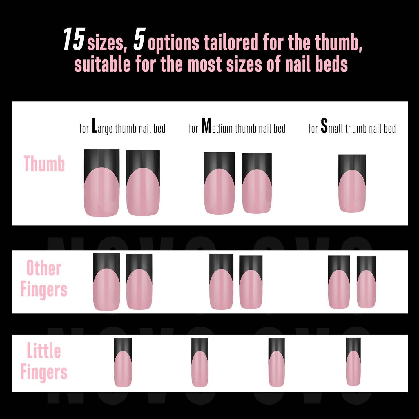 NOVO OVO Berry Pink Nail Tips – Medium Sharp Square Black French Tip, 180pc, 15 Sizes