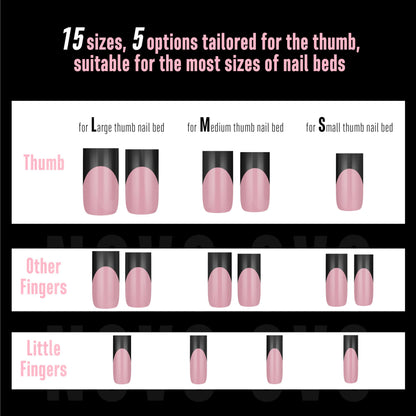 NOVO OVO Berry Pink Nail Tips – Medium Sharp Square Black French Tip, 180pc, 15 Sizes