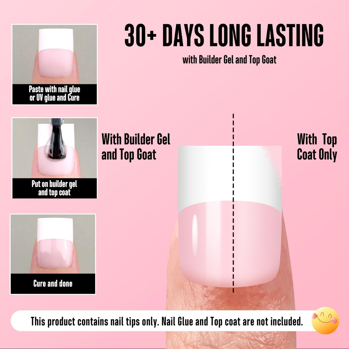NOVO OVO Old School White French Tip Nails – Milky Pink, 240 pcs, 15 Sizes, Soft Gel Press-On Tips