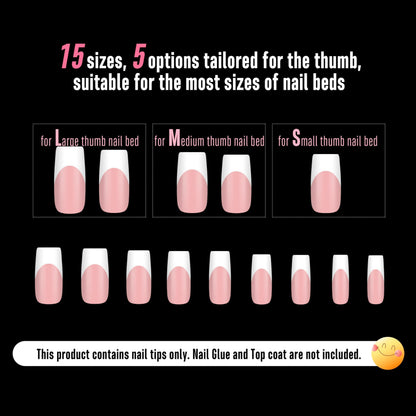 NOVO OVO White French Tip Medium Square Nail Tips – Baby Pink, Extra Thick Soft Gel, No Glue Included, 15 Sizes x 240 pcs