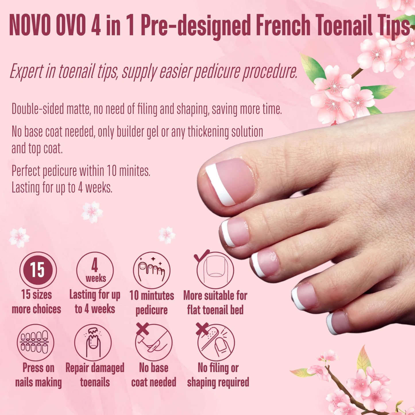 NOVO OVO Fake Toe Nail Tips Press On – Berry Pink French Tip Soft Gel Toenail Extensions, 360Pcs, 15 Sizes