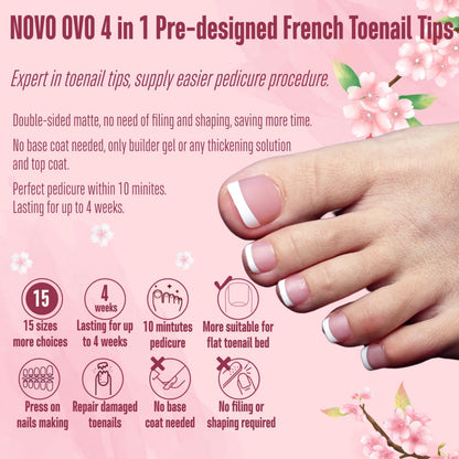 NOVO OVO Fake Toe Nail Tips Press On – Berry Pink French Tip Soft Gel Toenail Extensions, 360Pcs, 15 Sizes