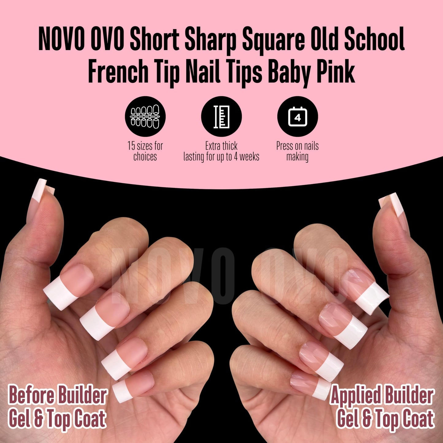 NOVO OVO Old School White French Tip Nail Tips – Baby Pink, 240 pcs, 15 Sizes