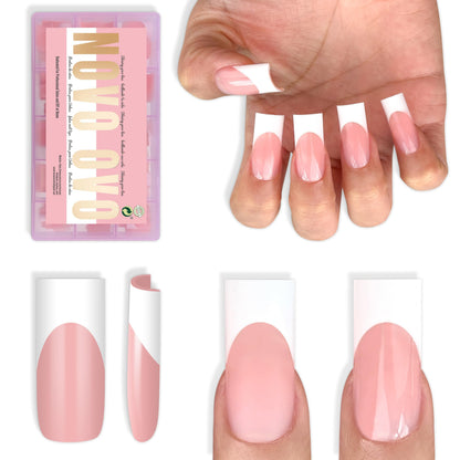 NOVO OVO Medium Sharp Square White French Tip Nail Tips – Baby Pink, Extra Thick Builder Gel & Top Coat, 180 pc