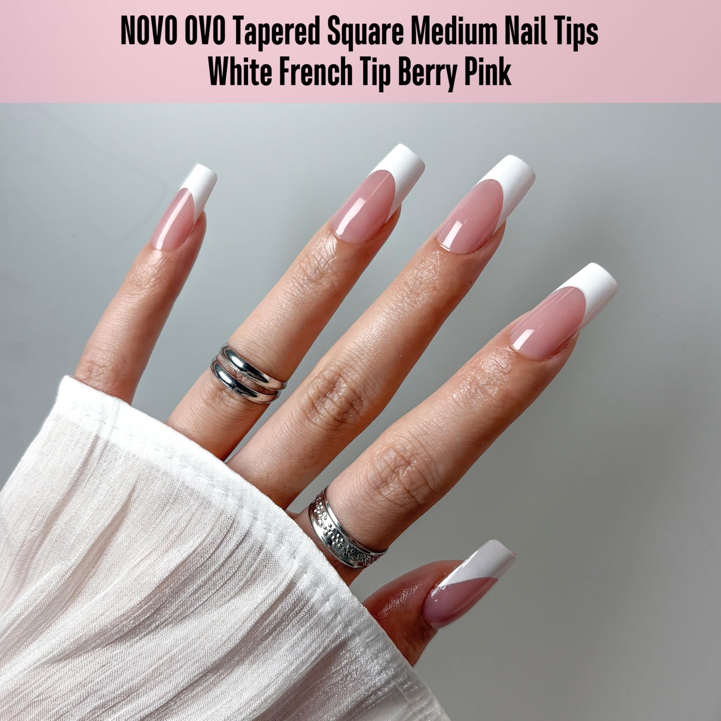 NOVO OVO White French Tip Nails – Berry Pink, Extra Thick Soft Gel, 240 pcs (15 Sizes)