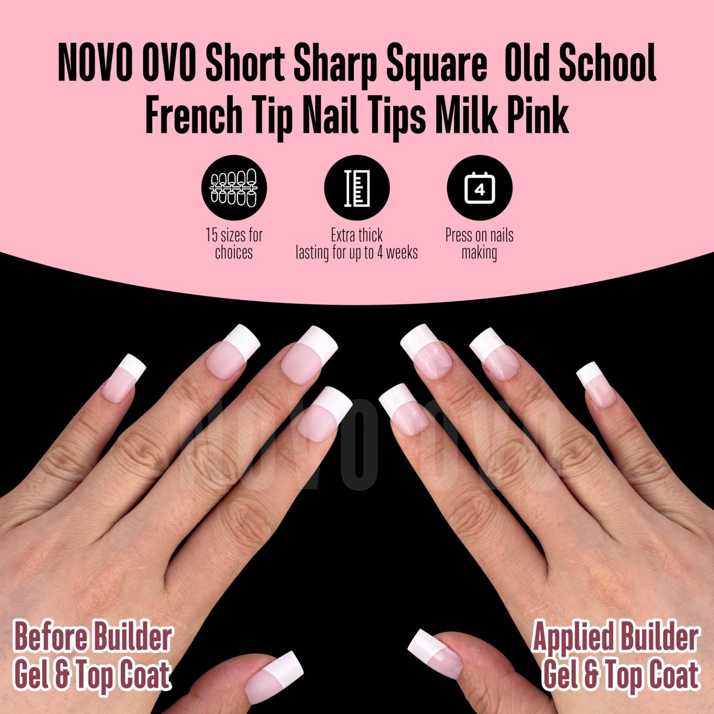 NOVO OVO Old School White French Tip Nails – Milky Pink, 240 pcs, 15 Sizes, Soft Gel Press-On Tips