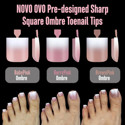 NOVO OVO Ombre French Tip Toe Nail Tips – Pre-Designed Soft Gel Press-On, Brown Pink, 240 pcs, 15 Sizes