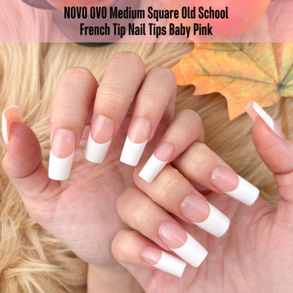 NOVO OVO Old School Wide White French Tip Nails – Press On, Baby Pink, 240 pcs, 15 Sizes