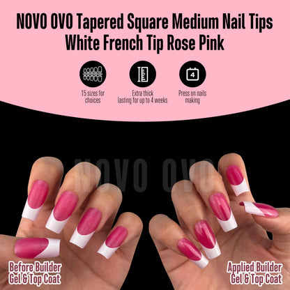 NOVO OVO White French Tip Square Nail Tips – Rose Pink, Extra Thick Soft Gel, 240 pcs (15 Sizes)