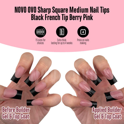 NOVO OVO Berry Pink Nail Tips – Medium Sharp Square Black French Tip, 180pc, 15 Sizes