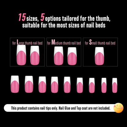 NOVO OVO White French Tip Square Nail Tips – Rose Pink, Extra Thick Soft Gel, 240 pcs (15 Sizes)