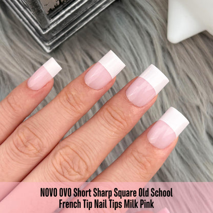 NOVO OVO Old School White French Tip Nails – Milky Pink, 240 pcs, 15 Sizes, Soft Gel Press-On Tips