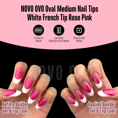 NOVO OVO White French Tip Oval Nail Tips – Rose Pink, Extra Thick Soft Gel, 15 Sizes, 240 pcs (No Glue Included)