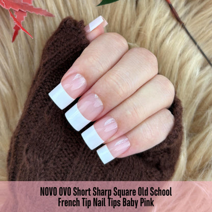 NOVO OVO Old School White French Tip Nail Tips – Baby Pink, 240 pcs, 15 Sizes