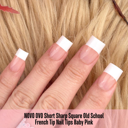 NOVO OVO Old School White French Tip Nail Tips – Baby Pink, 240 pcs, 15 Sizes