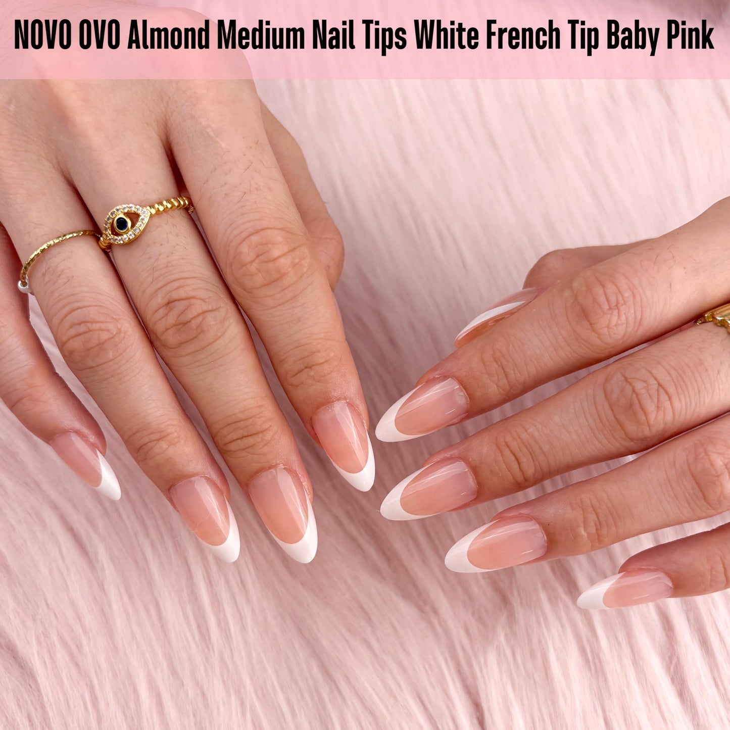 NOVO OVO White French Tip Almond Nails – Baby Pink Press On Tips, Extra Thick Soft Gel, 240 pcs, 15 Sizes