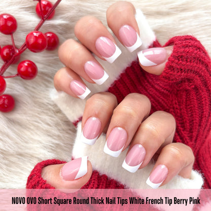NOVO OVO Berry Pink Short Square Round French Tip Nails – 240 Pcs, 15 Sizes