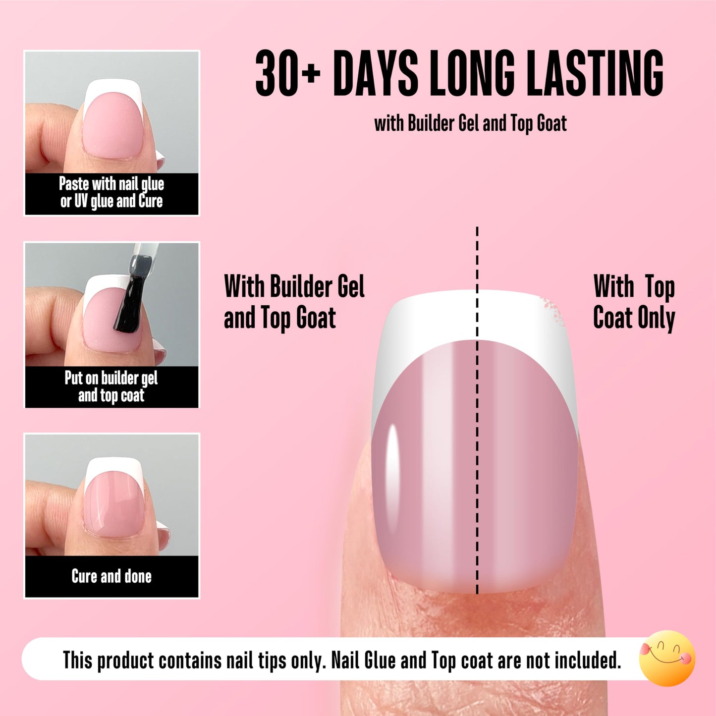 NOVO OVO Berry Pink Short Square Round French Tip Nails – 240 Pcs, 15 Sizes
