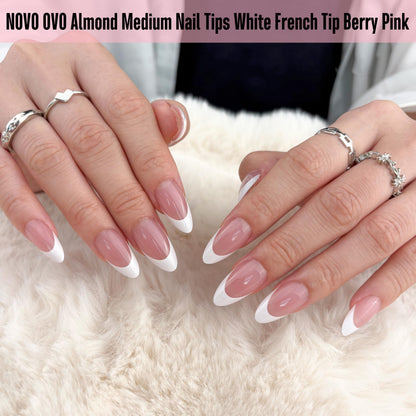 NOVO OVO White French Tip Almond Nail Tips Berry Pink – 240 pcs, 15 Sizes