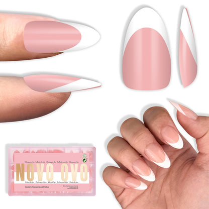 NOVO OVO White French Tip Almond Nails – Baby Pink Press On Tips, Extra Thick Soft Gel, 240 pcs, 15 Sizes