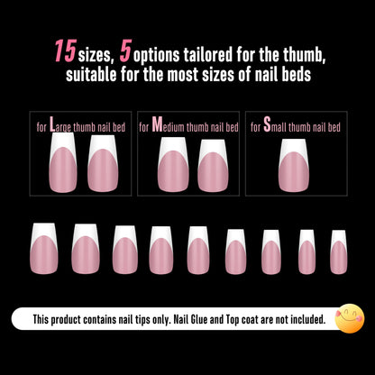 NOVO OVO White French Tip Coffin Nail Tips – Berry Pink, Extra Thick Soft Gel, 240 pcs, 15 Sizes (No Glue Included)