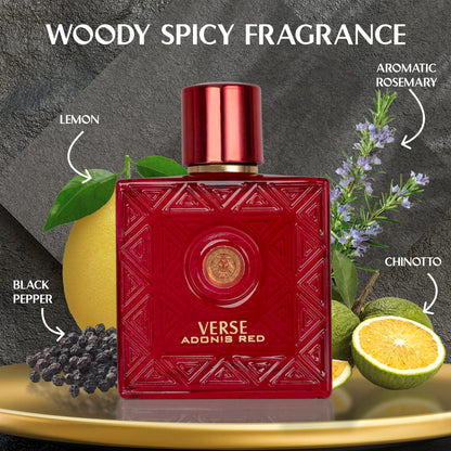 NovoGlow Verse Adonis Red for Men – 100ml EDP | Long-Lasting Fruity-Woody Floral Scent + Carrying Pouch