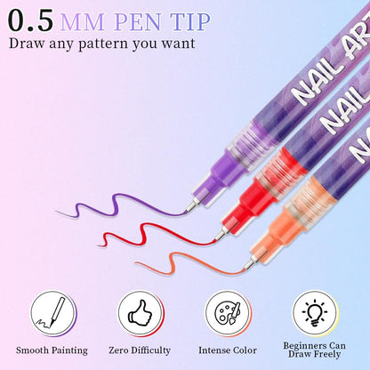 NRAEC 12 Colors Nail Art Pens Set – 0.5mm Fine Tip, Quick-Dry & Waterproof