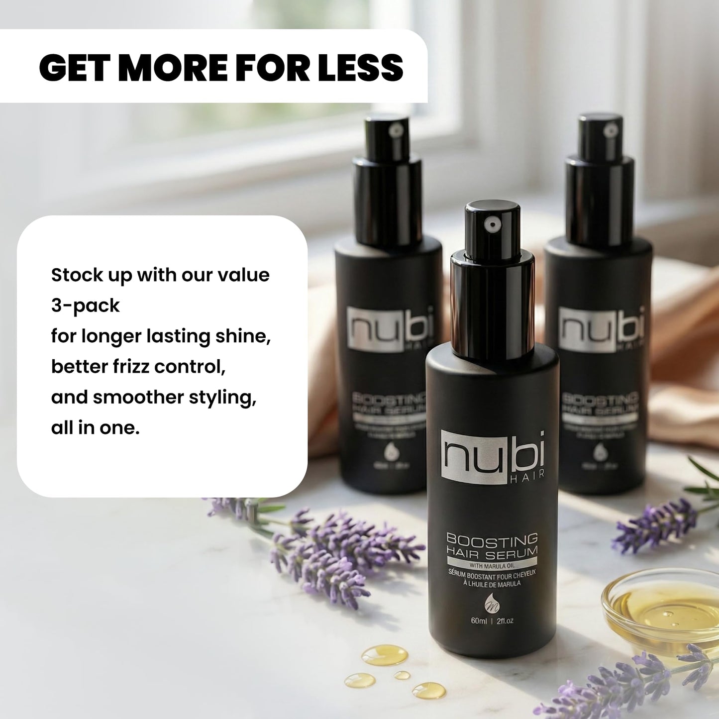 Nubi Hair Silky Smooth Serum – Marula Oil, Aloe Vera & Vitamin E | Non-Greasy, All Hair Types, 2 fl oz (3 Pack)