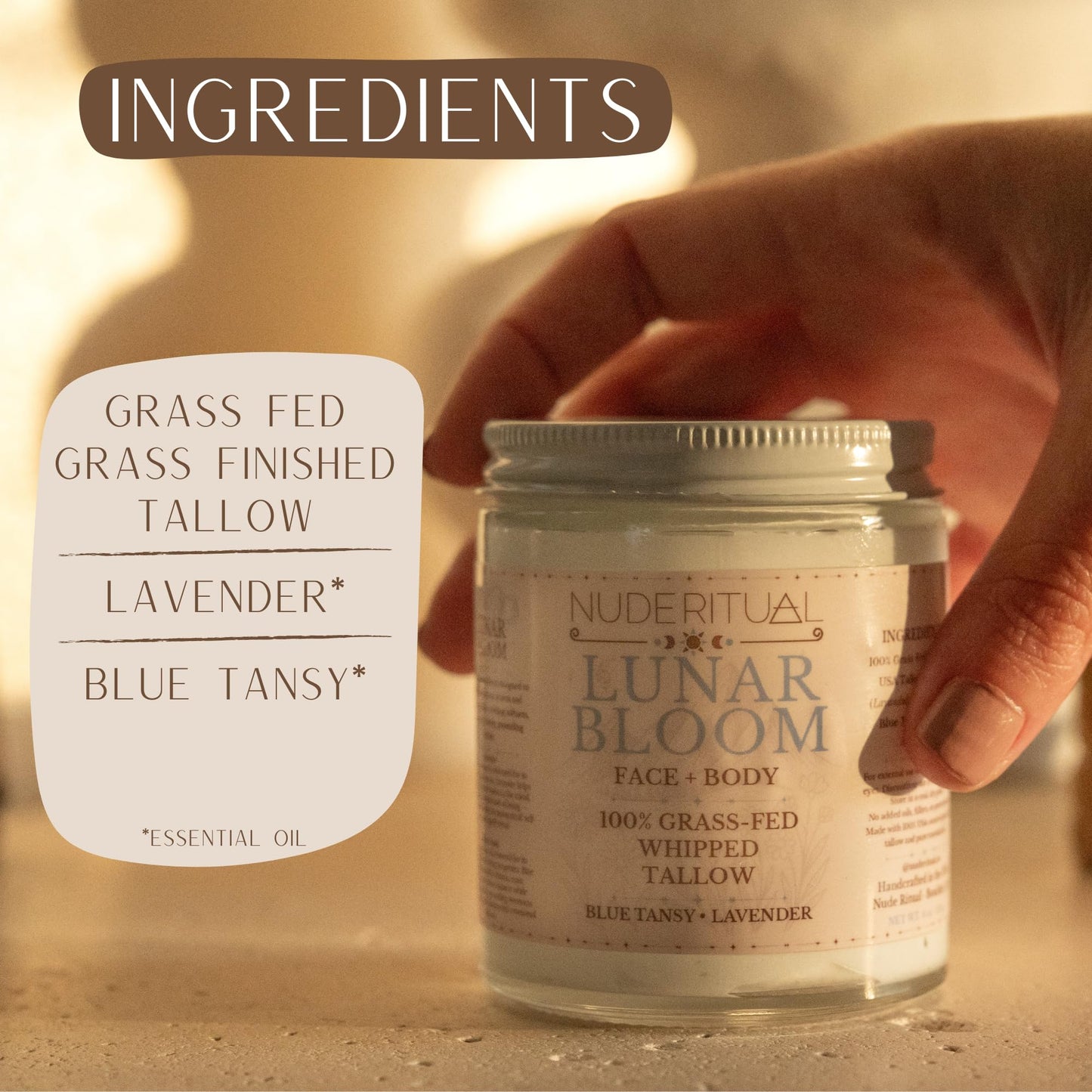 Nude Ritual Lunar Bloom Whipped Tallow Balm – 100% Grass-Fed Skin Care for Face & Body | 4 oz