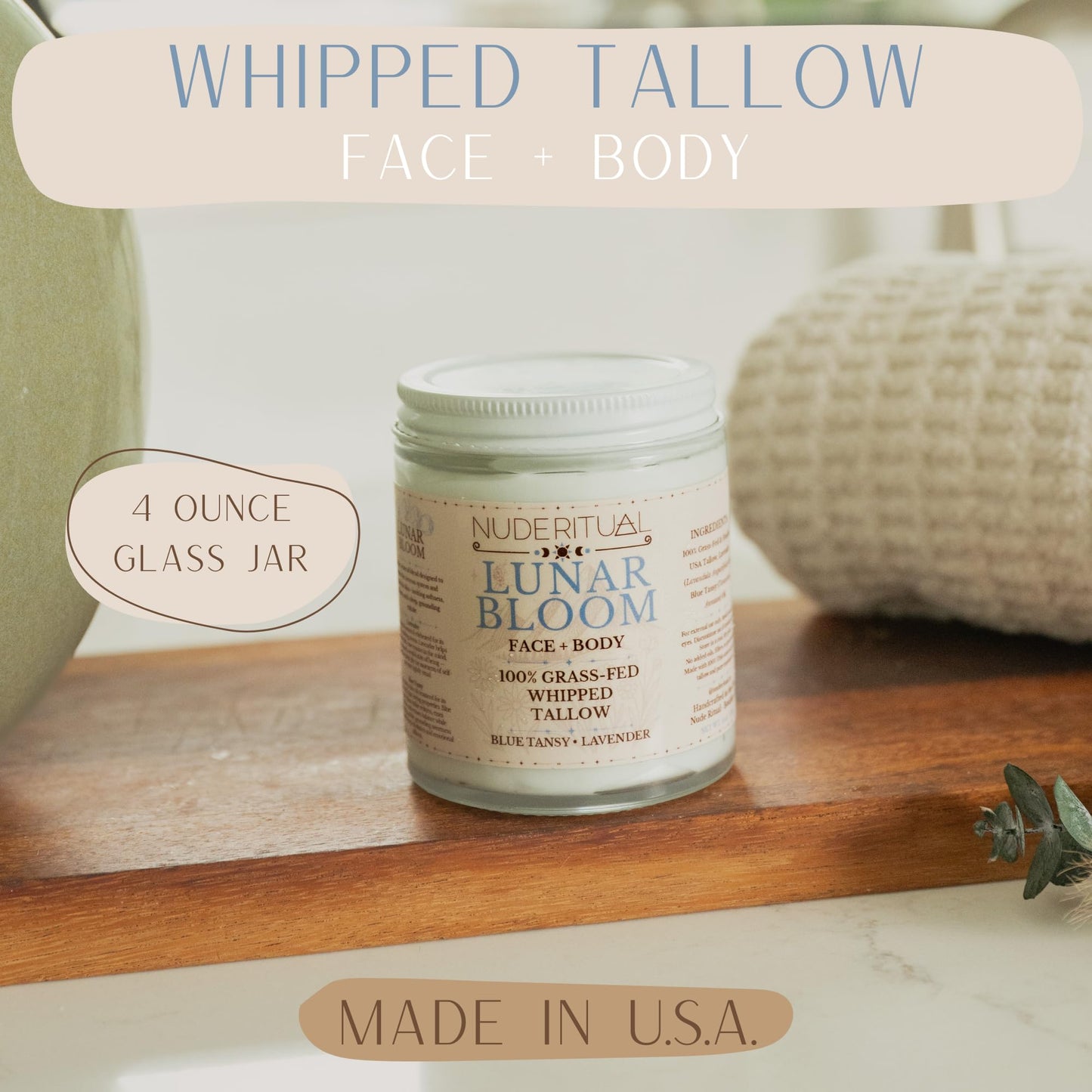 Nude Ritual Lunar Bloom Whipped Tallow Balm – 100% Grass-Fed Skin Care for Face & Body | 4 oz