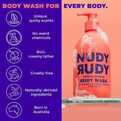 Nudy Rudy Berrylicious 2 Pack – Liquid Body Wash & Bar Soap with Aloe Vera & Vitamin E (16.9 fl oz + 4.2 oz)