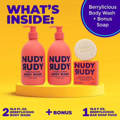 Nudy Rudy Berrylicious 2 Pack – Liquid Body Wash & Bar Soap with Aloe Vera & Vitamin E (16.9 fl oz + 4.2 oz)